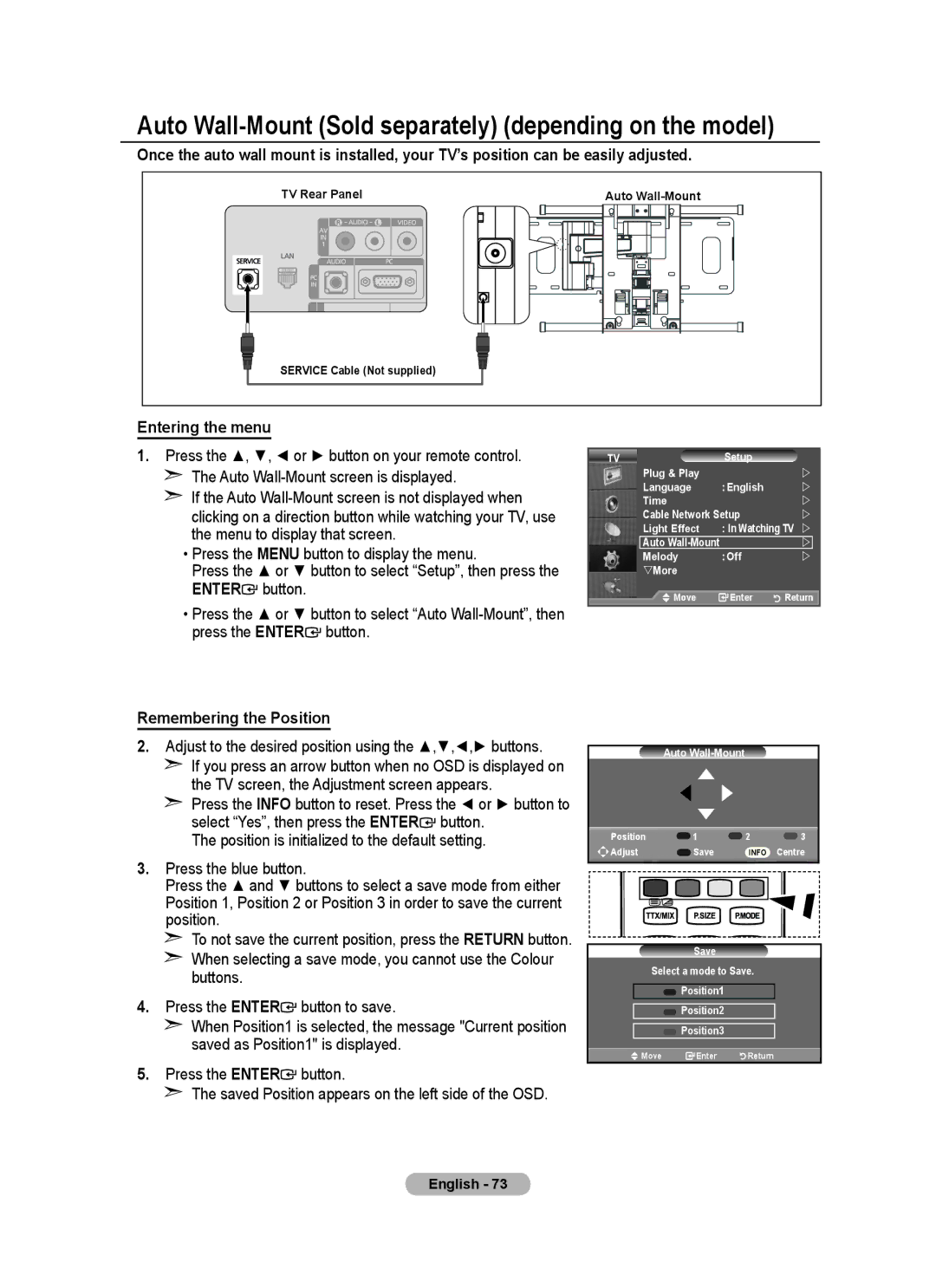 Samsung BN68-01780J-00 Auto Wall-Mount Sold separately depending on the model, Entering the menu, Remembering the Position 