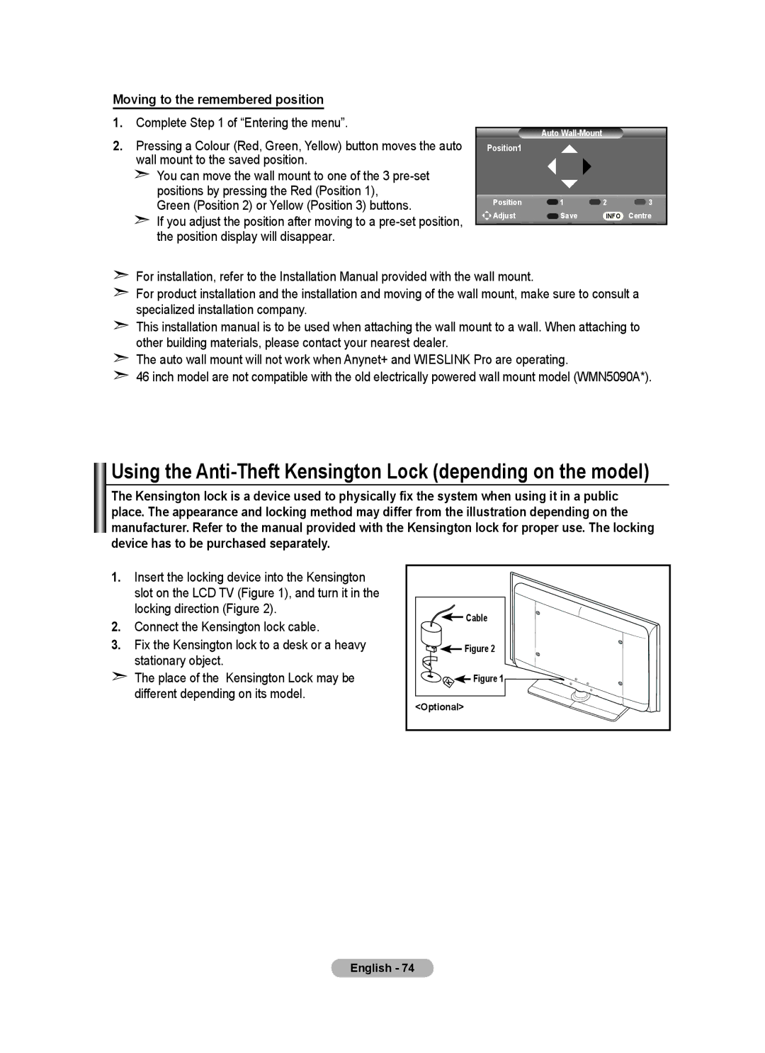 Samsung BN68-01780J-00 Using the Anti-Theft Kensington Lock depending on the model, Moving to the remembered position 