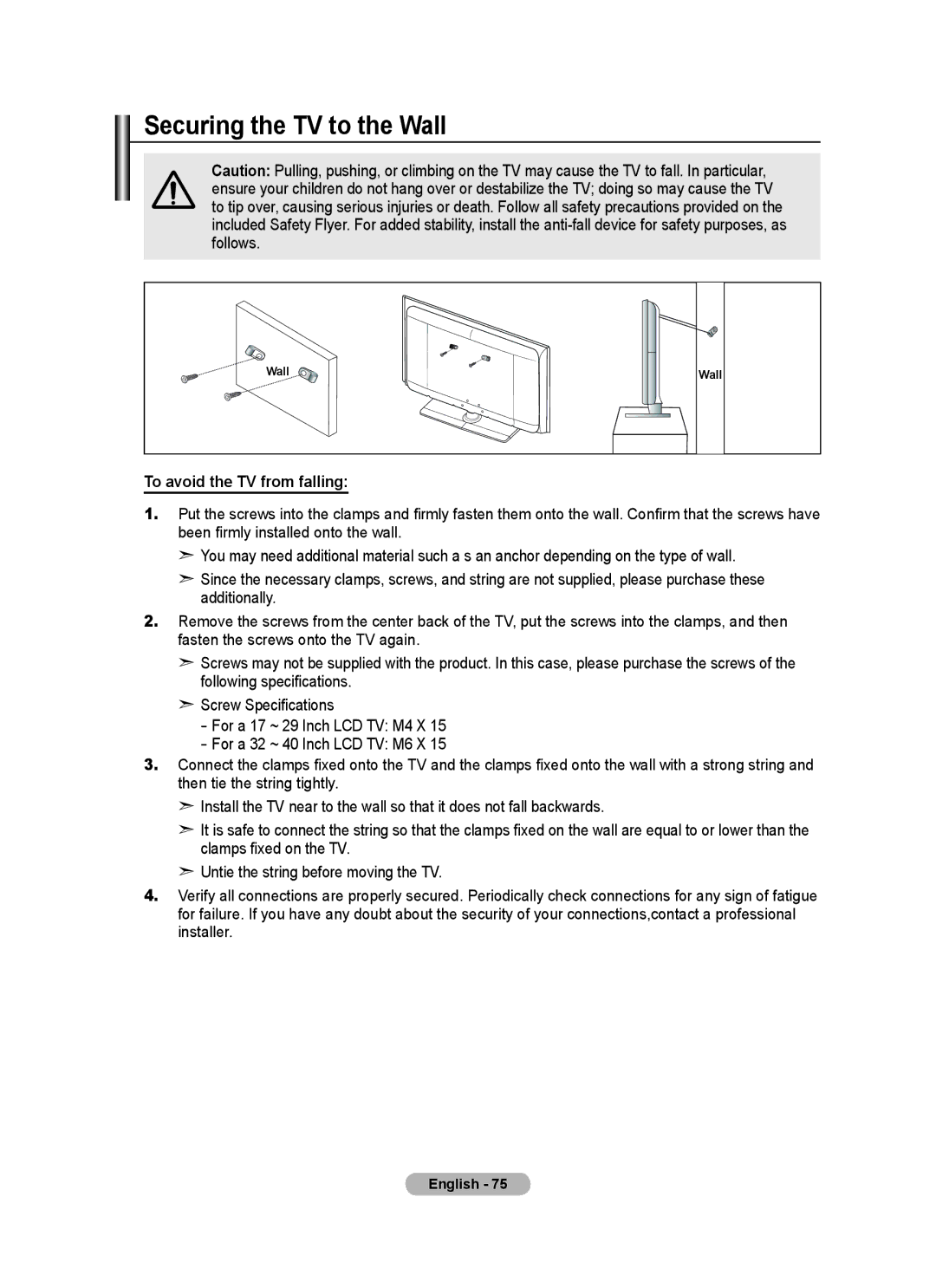 Samsung BN68-01780J-00 user manual Securing the TV to the Wall, To avoid the TV from falling 