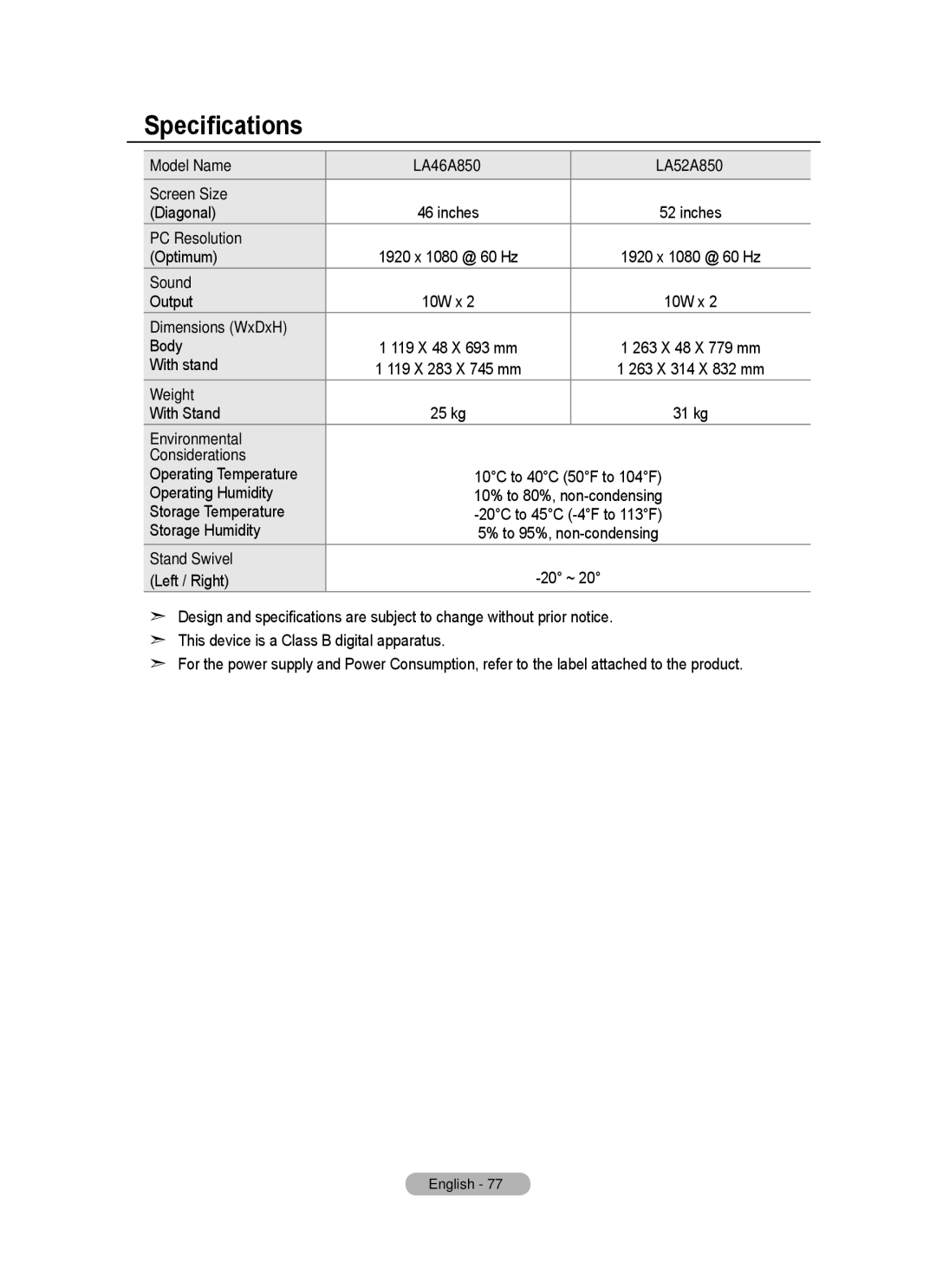 Samsung BN68-01780J-00 user manual Specifications 