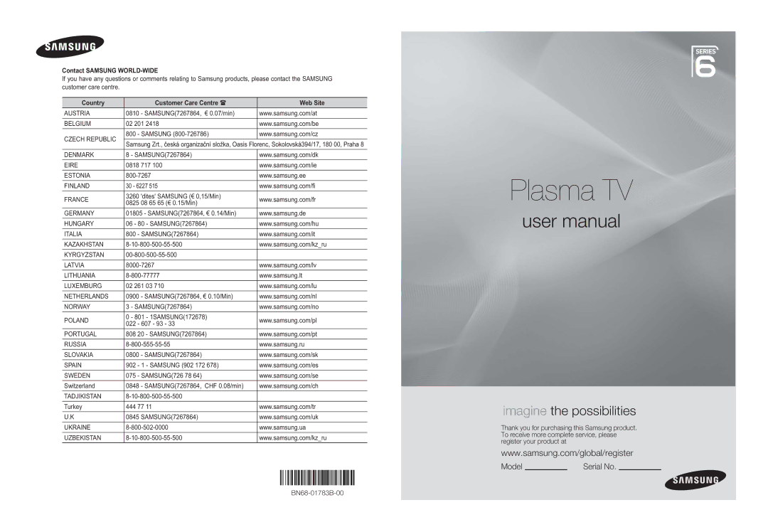 Samsung BN68-01783B-00 user manual Contact Samsung WORLD-WIDE, Country Customer Care Centre Web Site 