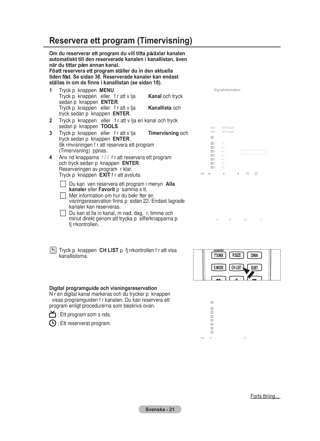 Samsung BN68-01783B-00 user manual Reservera ett program Timervisning, Digital programguide och visningsreservation 