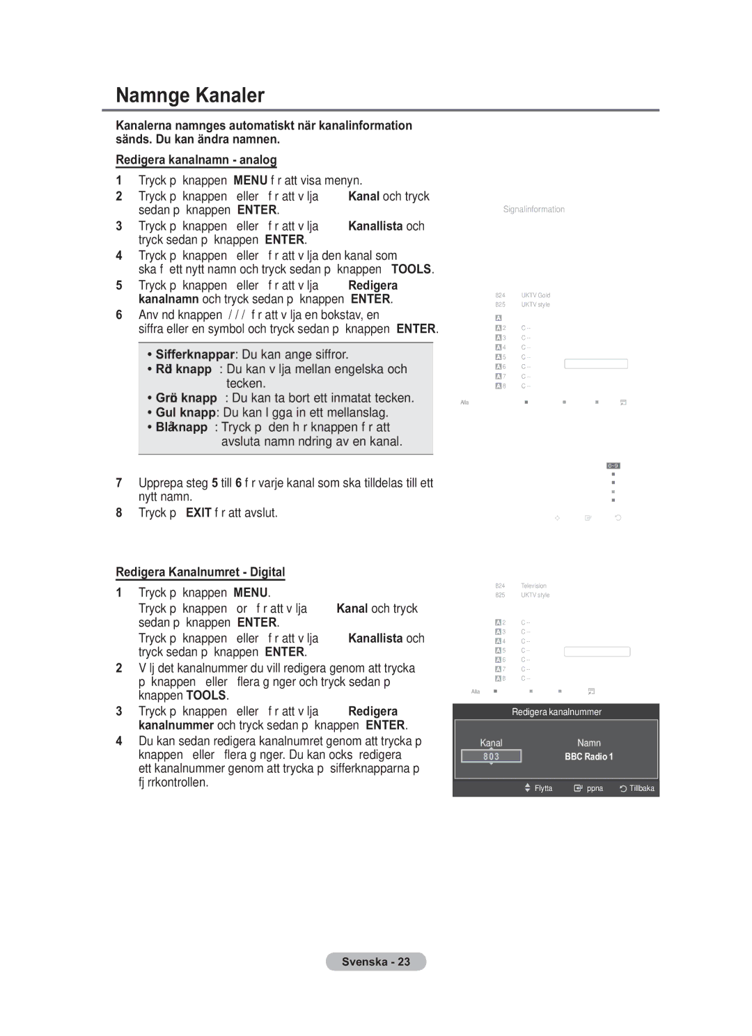 Samsung BN68-01783B-00 user manual Namnge Kanaler, Redigera Kanalnumret Digital, BBC Radio 