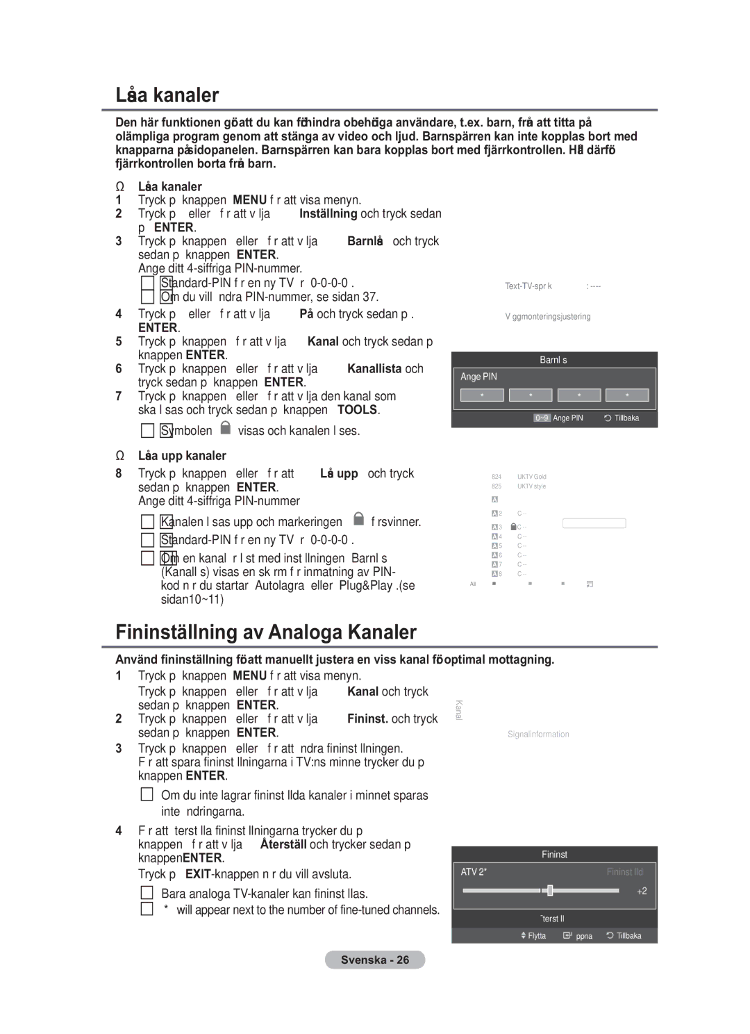 Samsung BN68-01783B-00 user manual Låsa kanaler, Fininställning av Analoga Kanaler, Låsa upp kanaler 