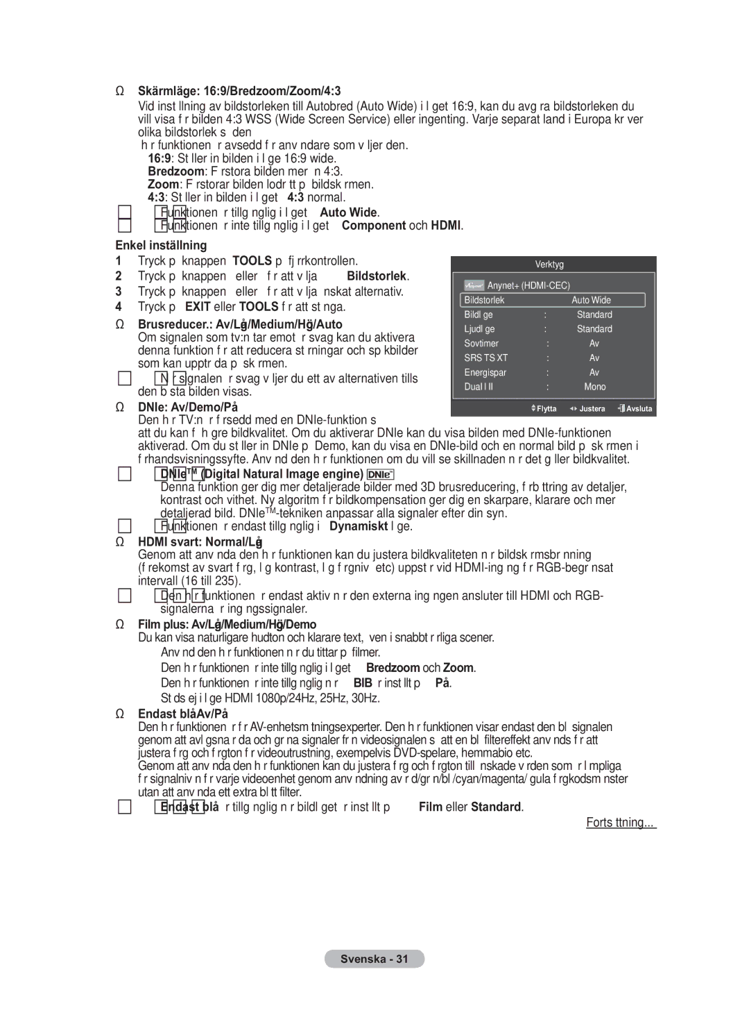 Samsung BN68-01783B-00 user manual Skärmläge 169/Bredzoom/Zoom/43, Brusreducer. Av/Låg/Medium/Hög/Auto, DNIe Av/Demo/På 