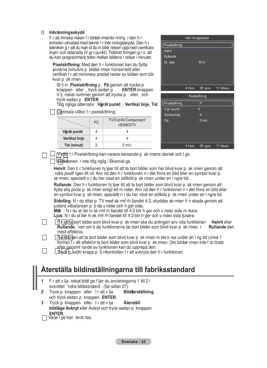 Samsung BN68-01783B-00 Återställa bildinställningarna till fabriksstandard, Inbränningsskydd, Varje läge kan återställas 