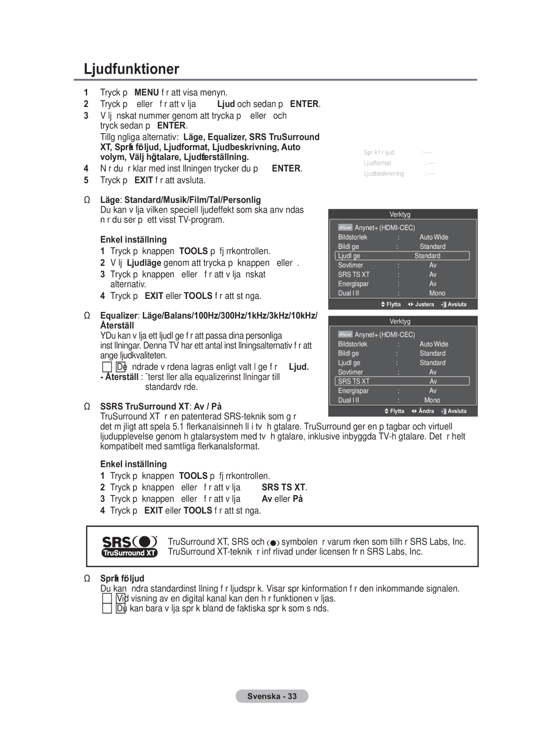 Samsung BN68-01783B-00 Ljudfunktioner, Läge Standard/Musik/Film/Tal/Personlig, Återställ, Ssrs TruSurround XT Av / På 