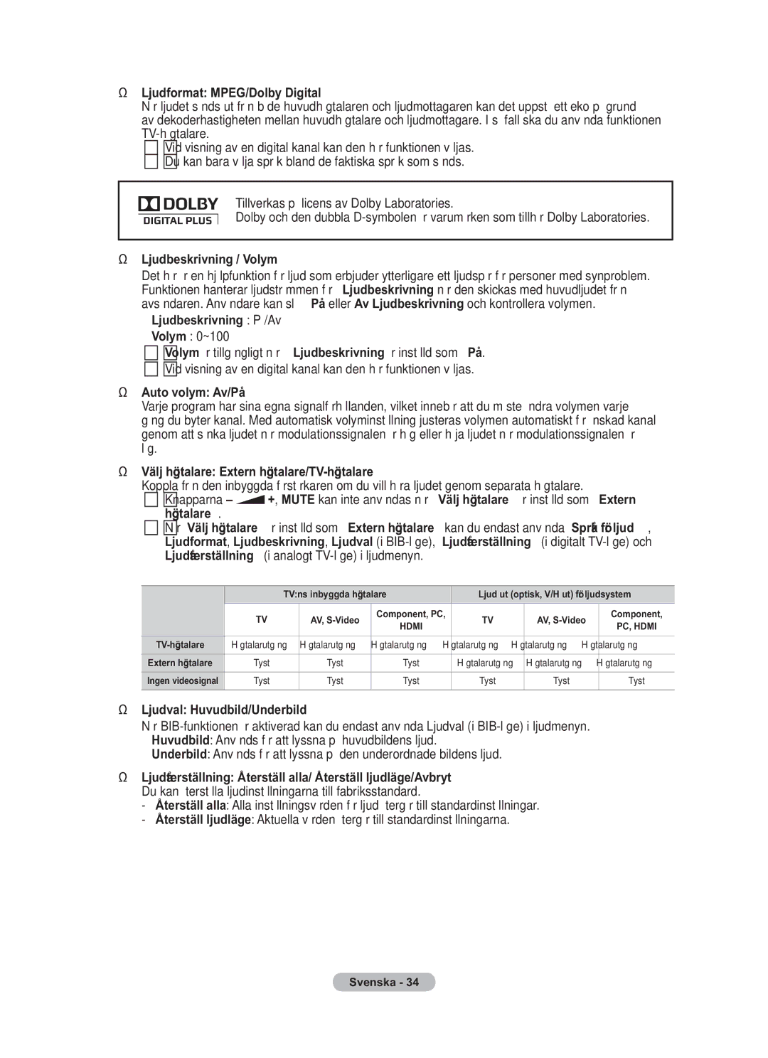 Samsung BN68-01783B-00 Ljudformat MPEG/Dolby Digital, Ljudbeskrivning / Volym, Ljudbeskrivning På/Av, Auto volym Av/På 