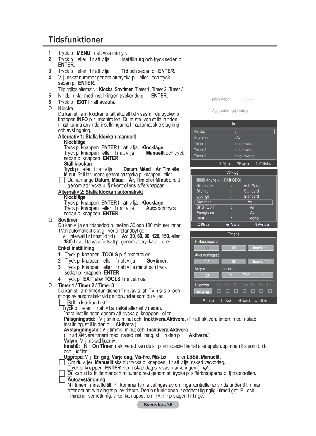 Samsung BN68-01783B-00 user manual Tidsfunktioner 