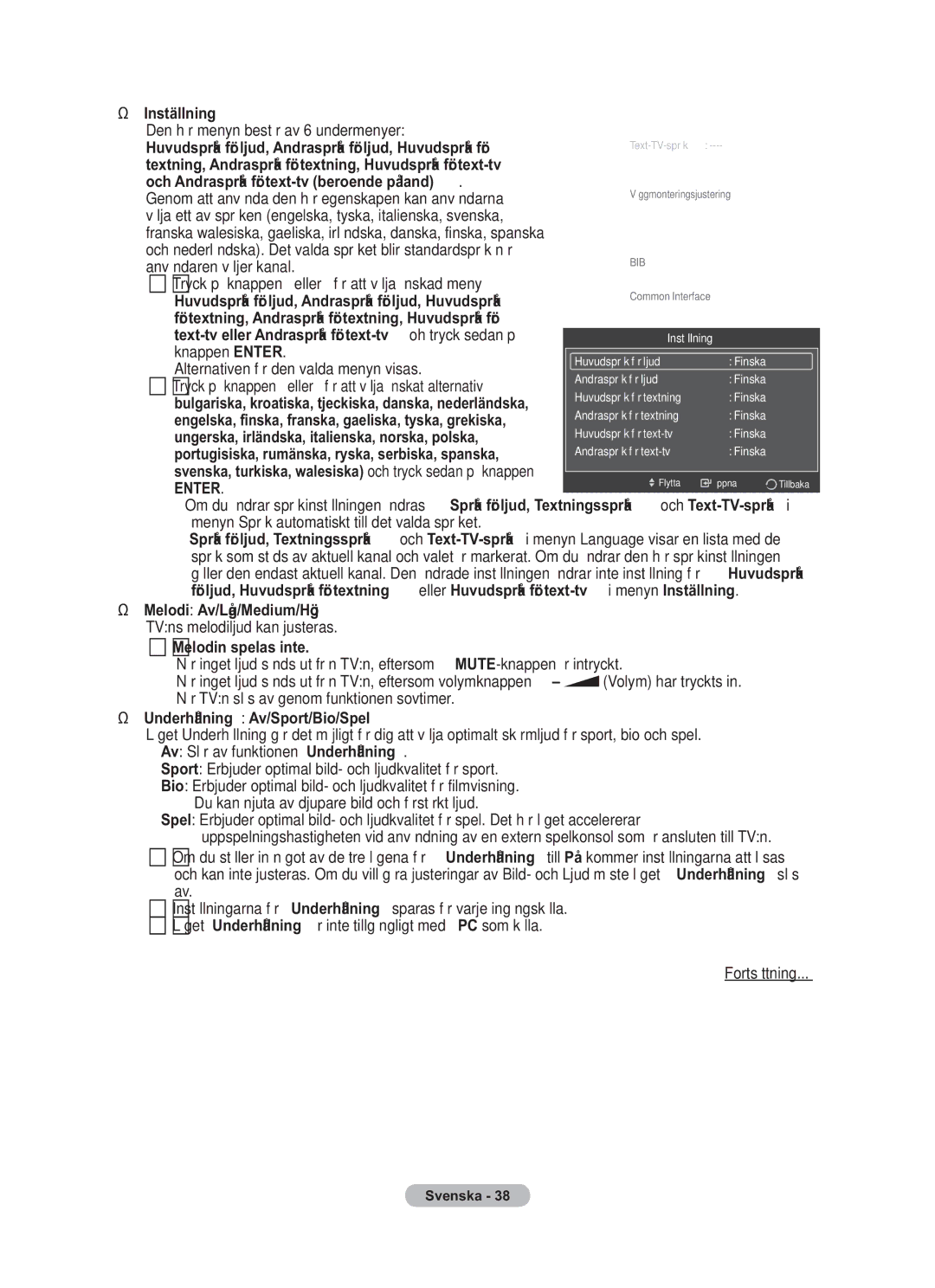 Samsung BN68-01783B-00 user manual Inställning, Och Andraspråk för text-tv beroende på land, Melodi Av/Låg/Medium/Hög 