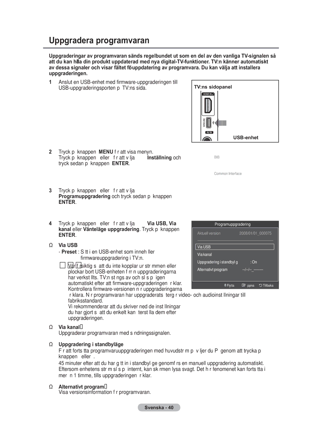 Samsung BN68-01783B-00 Uppgradera programvaran, Via USB, Via kanal, Uppgradering i standbyläge, Alternativt program 