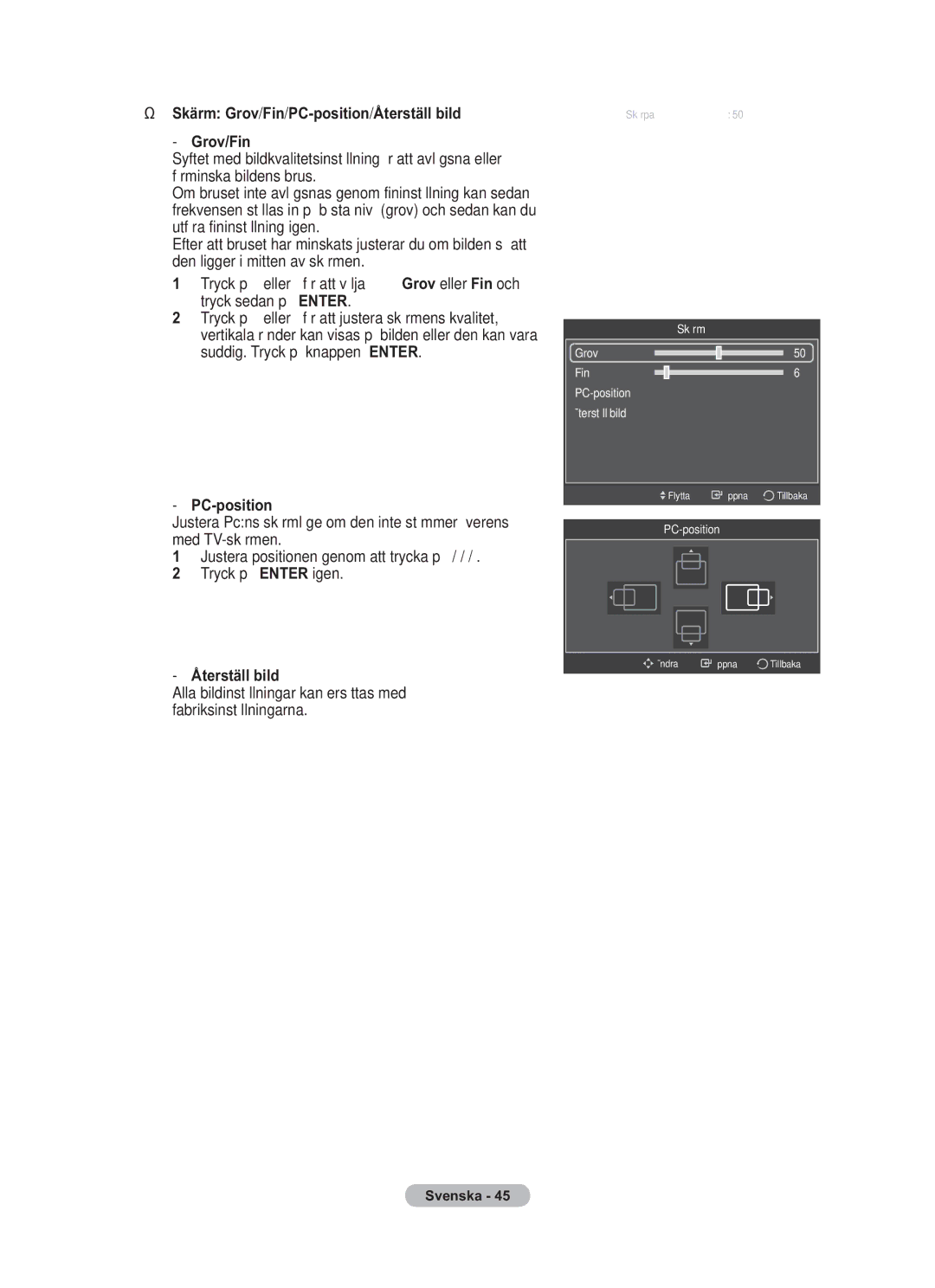 Samsung BN68-01783B-00 user manual Skärm Grov/Fin/PC-position/Återställ bild 