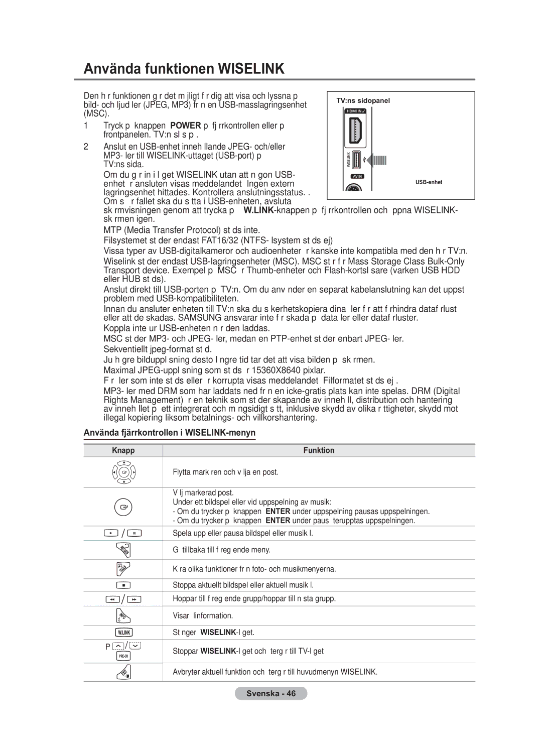 Samsung BN68-01783B-00 user manual Använda funktionen Wiselink, Använda fjärrkontrollen i WISELINK-menyn 