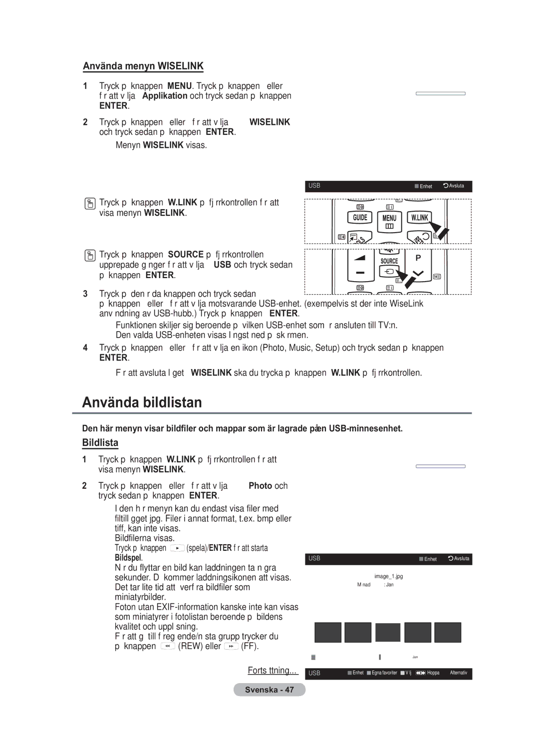 Samsung BN68-01783B-00 user manual Använda bildlistan, Menyn Wiselink visas 