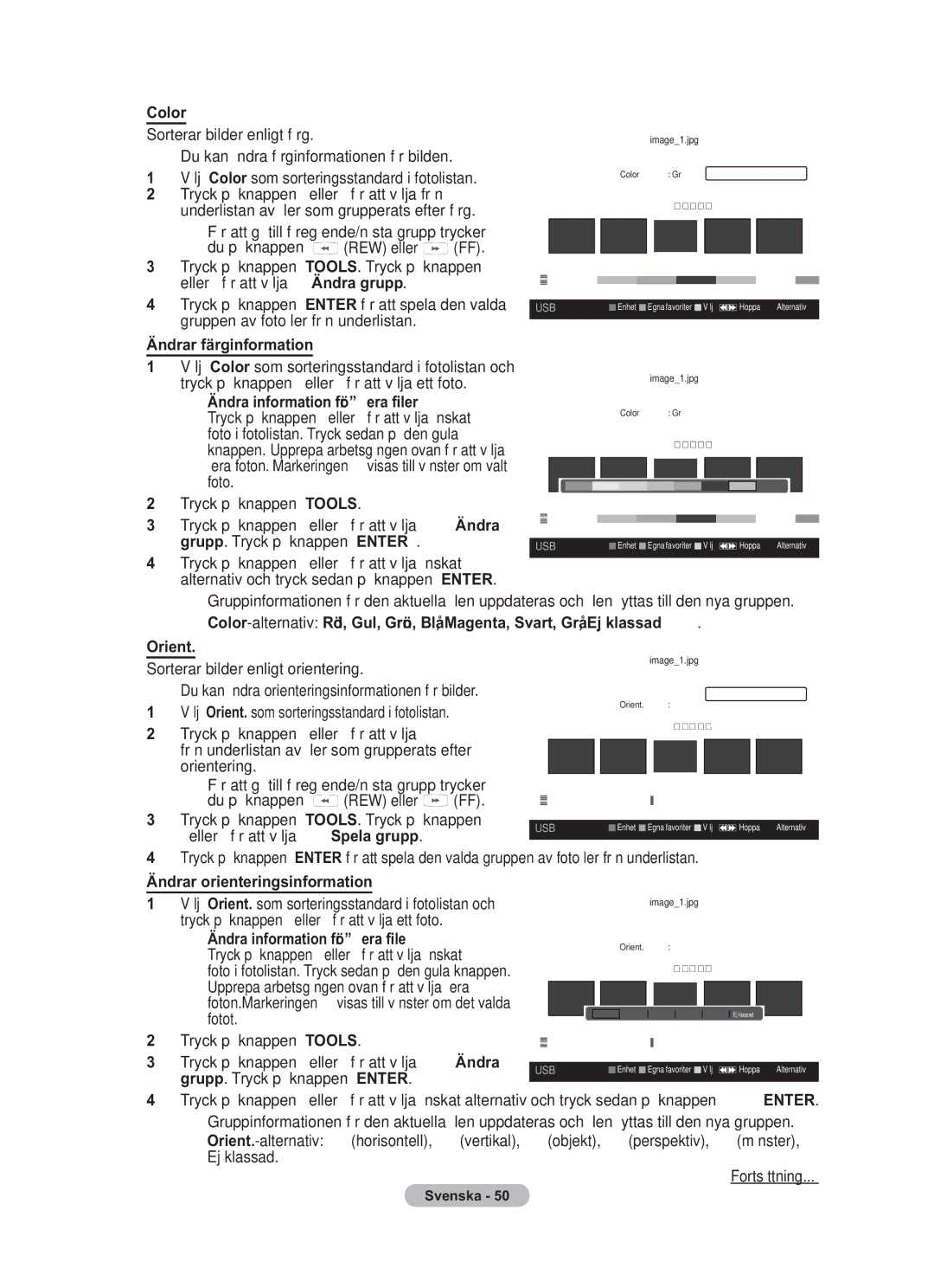 Samsung BN68-01783B-00 user manual Ändrar färginformation, Ändra information för ﬂera ﬁler, Ändrar orienteringsinformation 