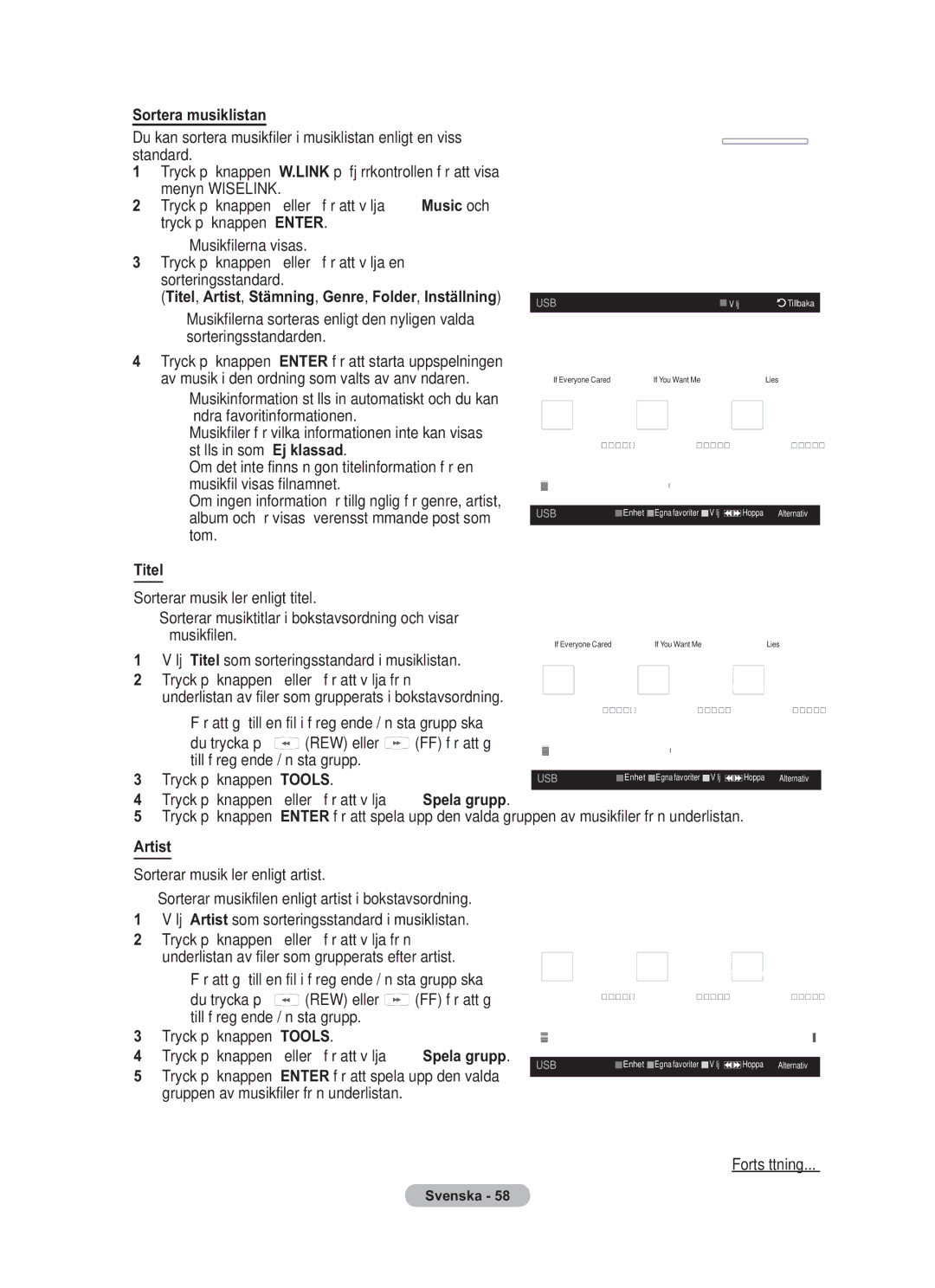 Samsung BN68-01783B-00 user manual Sortera musiklistan, Titel, Artist, Stämning, Genre, Folder, Inställning 