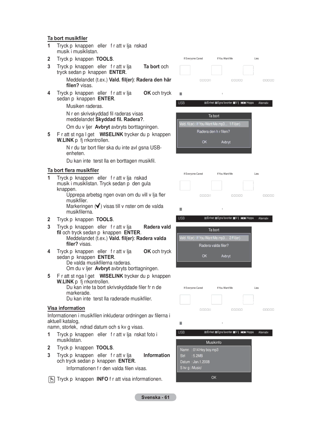 Samsung BN68-01783B-00 user manual Ta bort musikfiler, Ta bort flera musikfiler, Visa information 