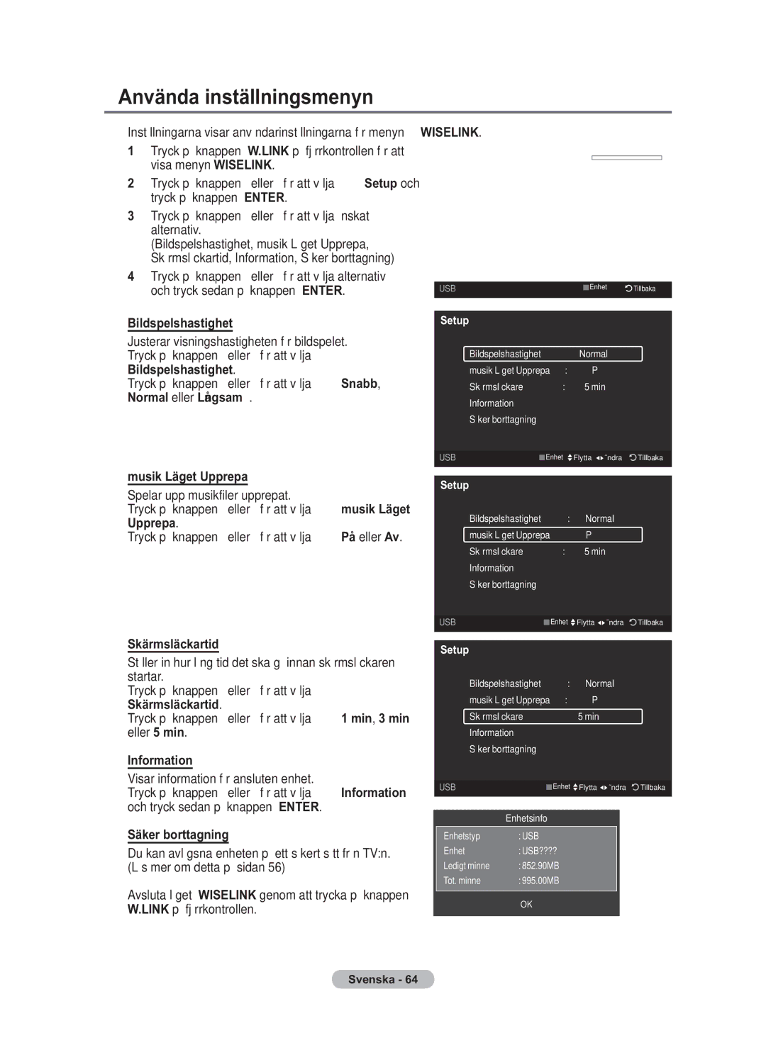 Samsung BN68-01783B-00 user manual Använda inställningsmenyn, Musik Läget Upprepa, Skärmsläckartid 