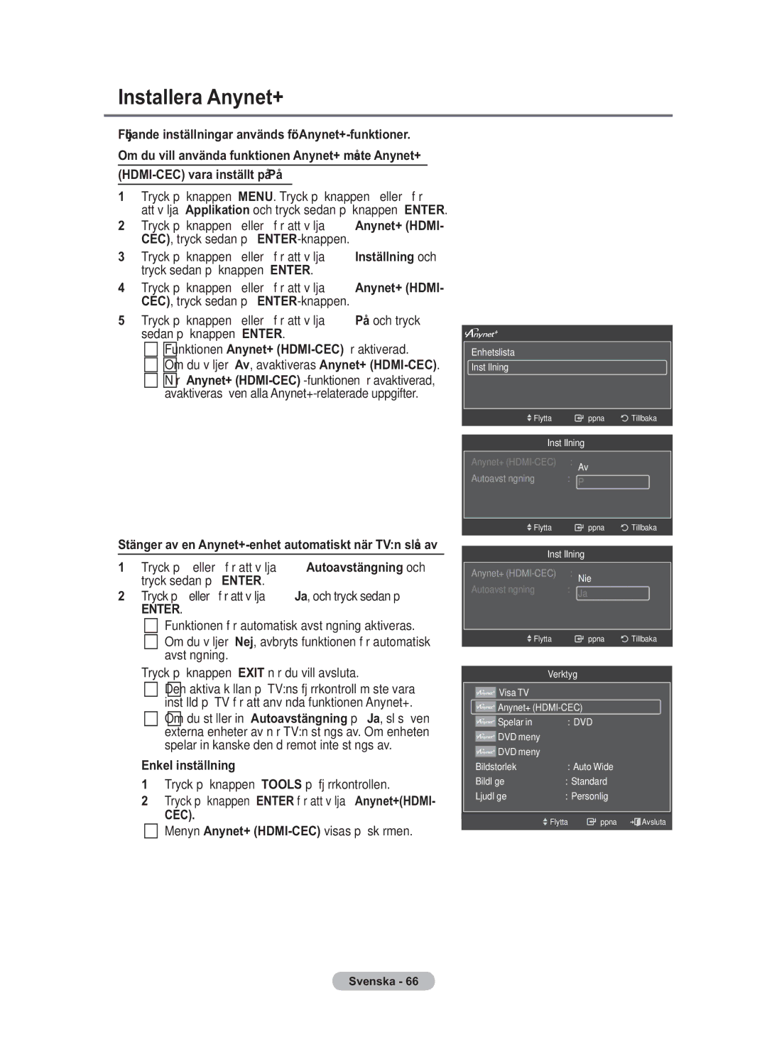 Samsung BN68-01783B-00 user manual Installera Anynet+, HDMI-CEC vara inställt på På, Menyn Anynet+ HDMI-CECvisas på skärmen 