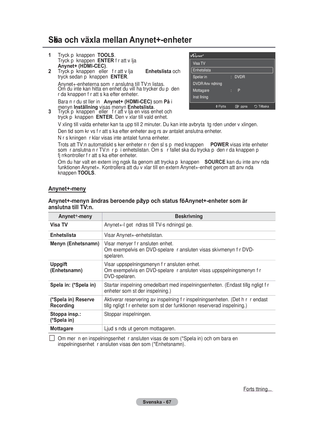 Samsung BN68-01783B-00 user manual Söka och växla mellan Anynet+-enheter 