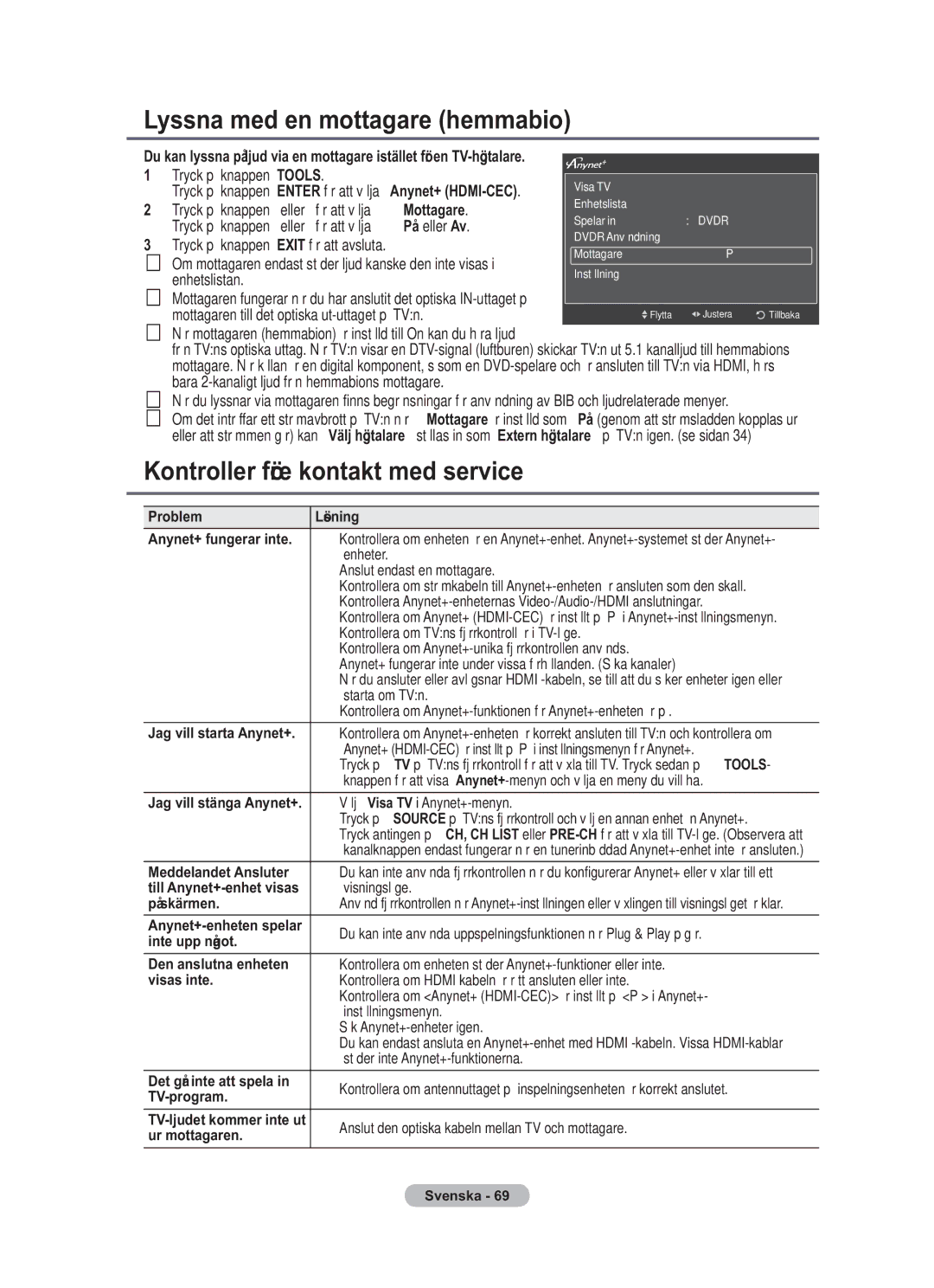 Samsung BN68-01783B-00 user manual Lyssna med en mottagare hemmabio, Kontroller före kontakt med service 