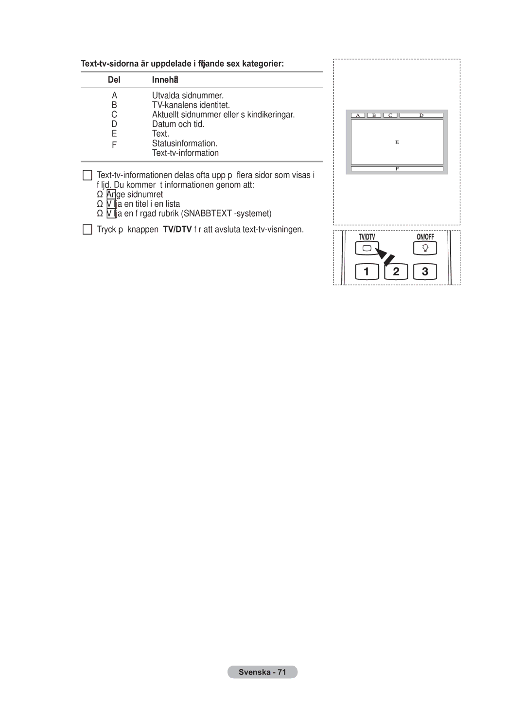 Samsung BN68-01783B-00 user manual Statusinformation. Text-tv-information, Ange sidnumret Välja en titel i en lista 