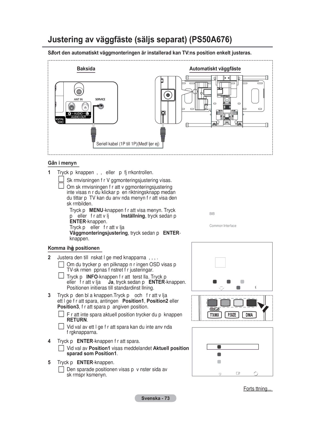 Samsung BN68-01783B-00 user manual Justering av väggfäste säljs separat PS50A676, Gå in i menyn 