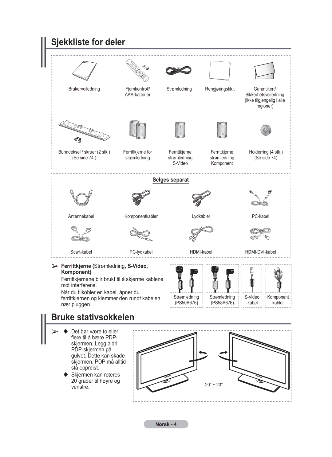 Samsung BN68-01783B-00 user manual Sjekkliste for deler, Bruke stativsokkelen, Selges separat 