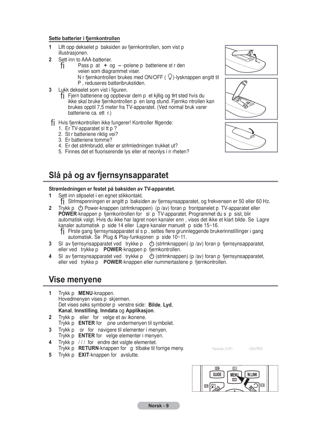 Samsung BN68-01783B-00 user manual Slå på og av fjernsynsapparatet, Vise menyene, Sette batterier i fjernkontrollen 