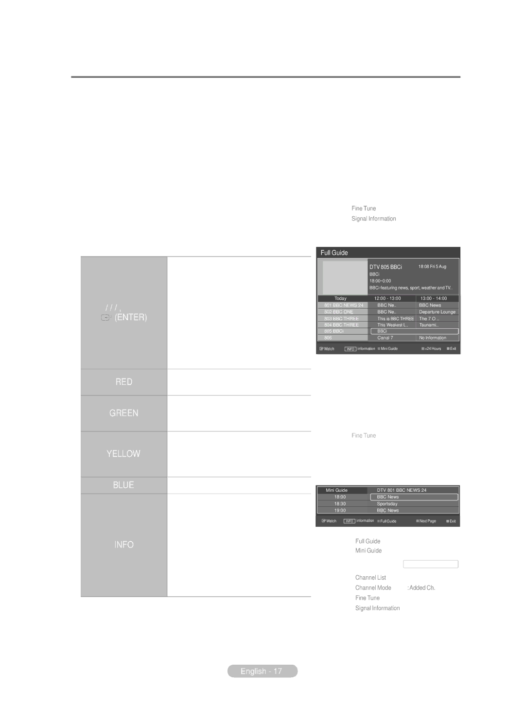 Samsung BN68-01783B-00 user manual Viewing the EPG Electronic Programme Guide Information, Full Guide, Mini Guide 