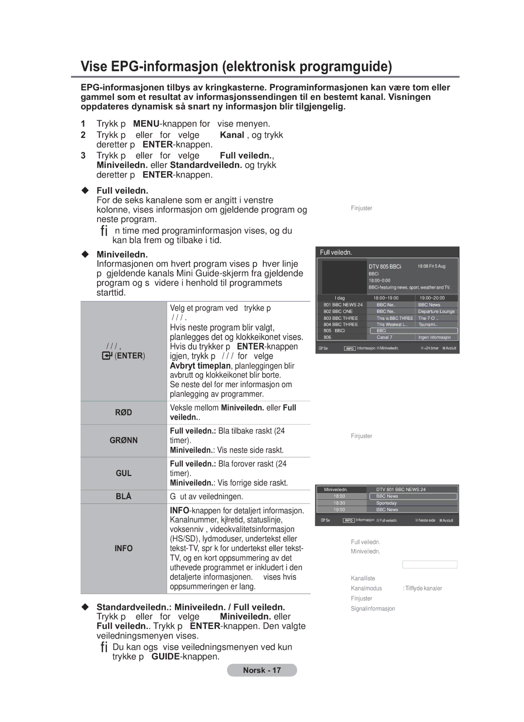 Samsung BN68-01783B-00 user manual Vise EPG-informasjon elektronisk programguide, Full veiledn, Miniveiledn, Veiledn 