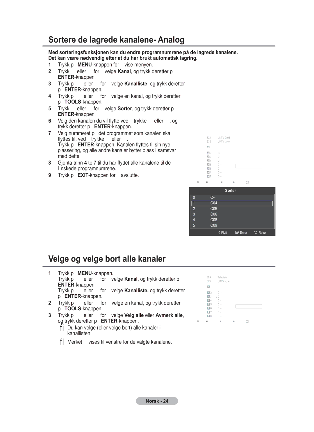 Samsung BN68-01783B-00 user manual Sortere de lagrede kanalene- Analog, Velge og velge bort alle kanaler 