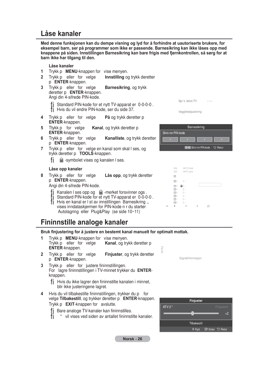 Samsung BN68-01783B-00 user manual Låse kanaler, Fininnstille analoge kanaler, Låse opp kanaler, ENTER-knappen 