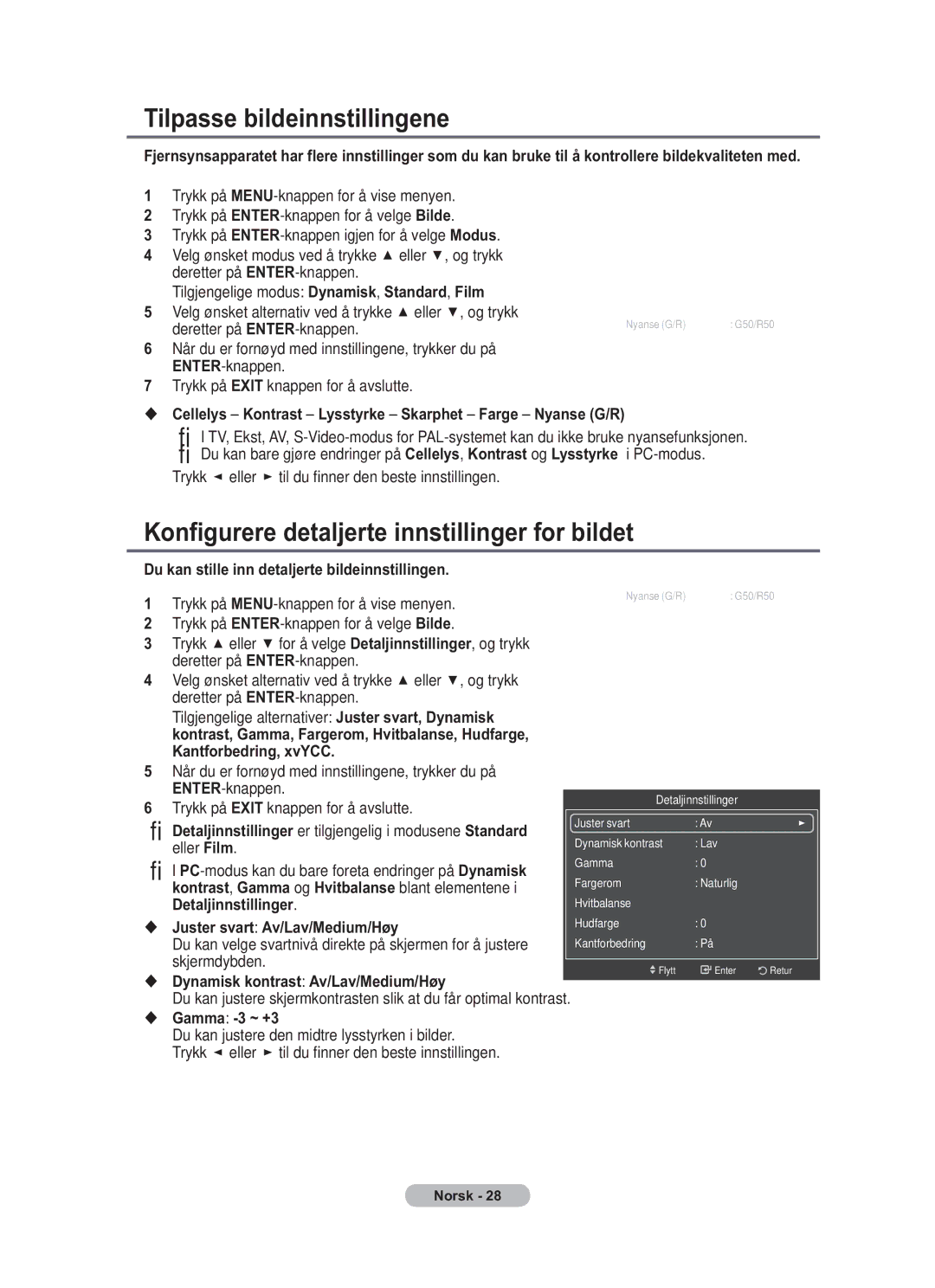 Samsung BN68-01783B-00 user manual Tilpasse bildeinnstillingene, Konfigurere detaljerte innstillinger for bildet 