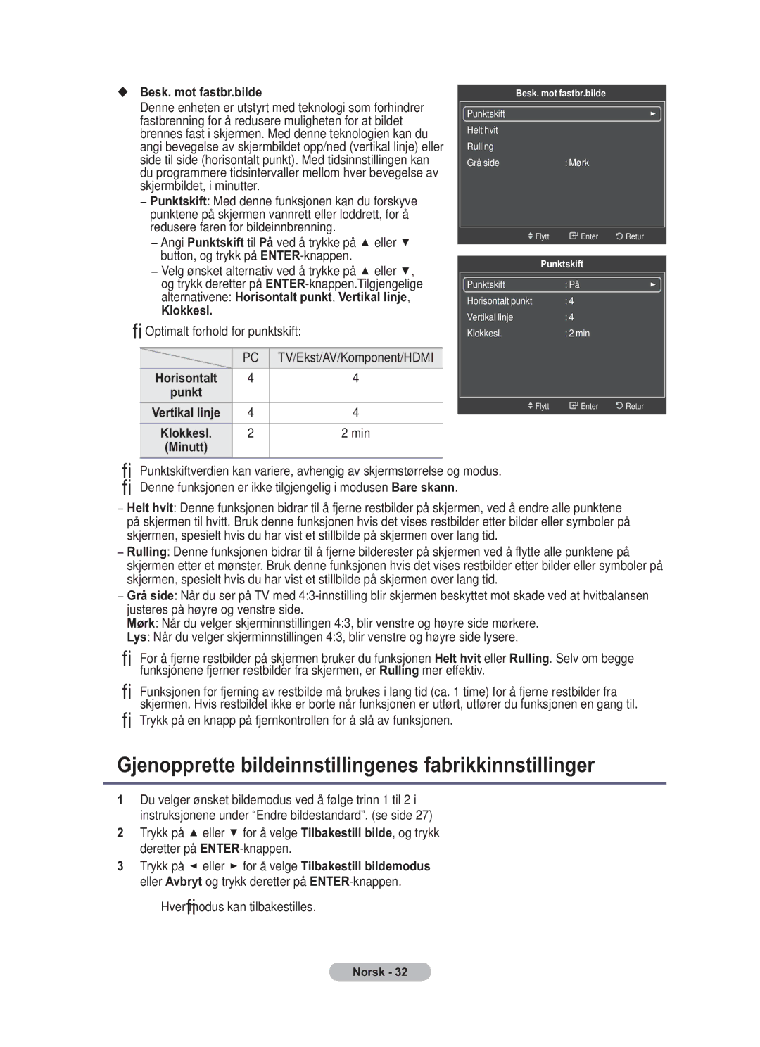 Samsung BN68-01783B-00 user manual Gjenopprette bildeinnstillingenes fabrikkinnstillinger, Besk. mot fastbr.bilde, Klokkesl 