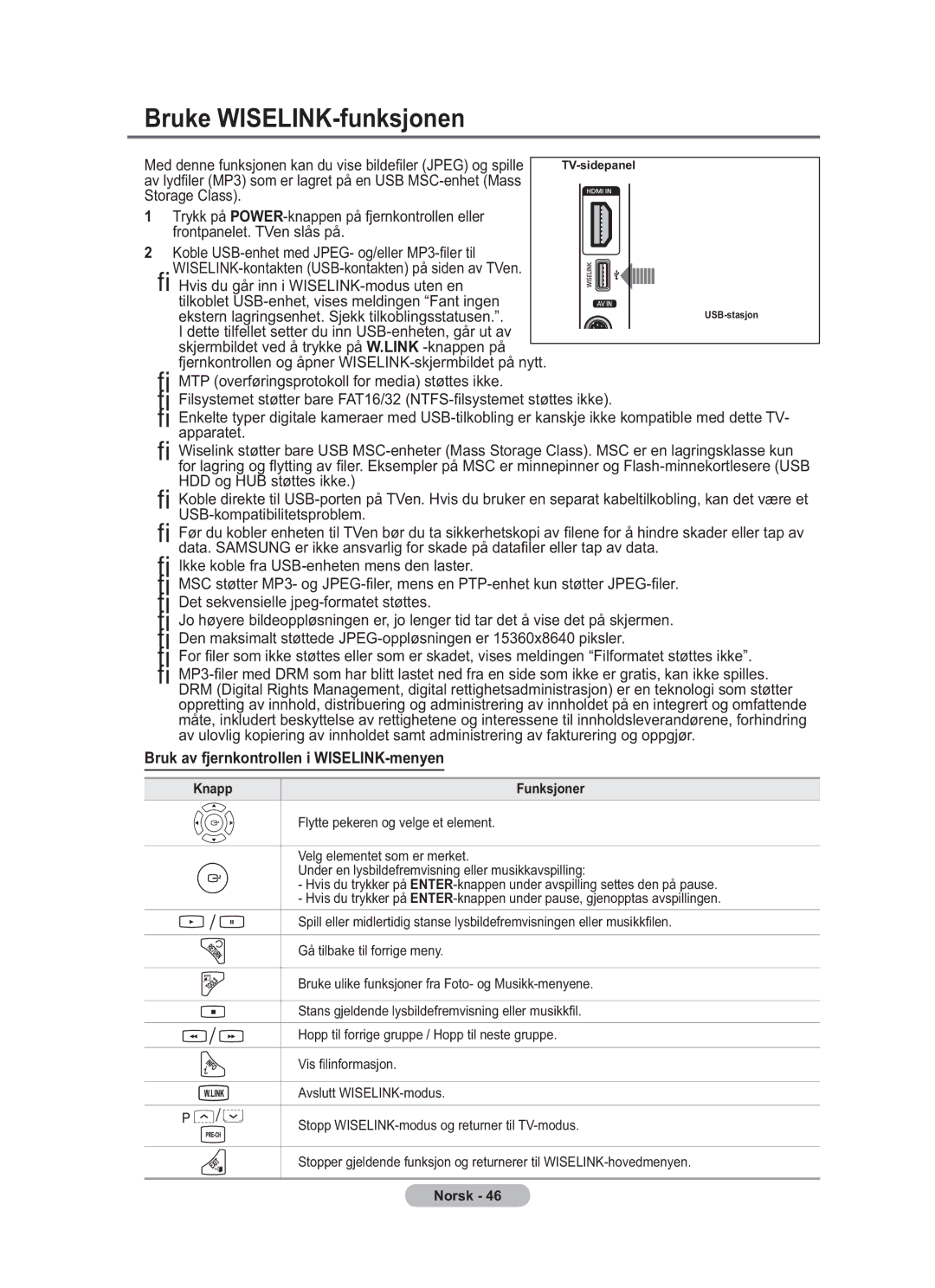 Samsung BN68-01783B-00 user manual Bruke WISELINK-funksjonen, Bruk av fjernkontrollen i WISELINK-menyen 