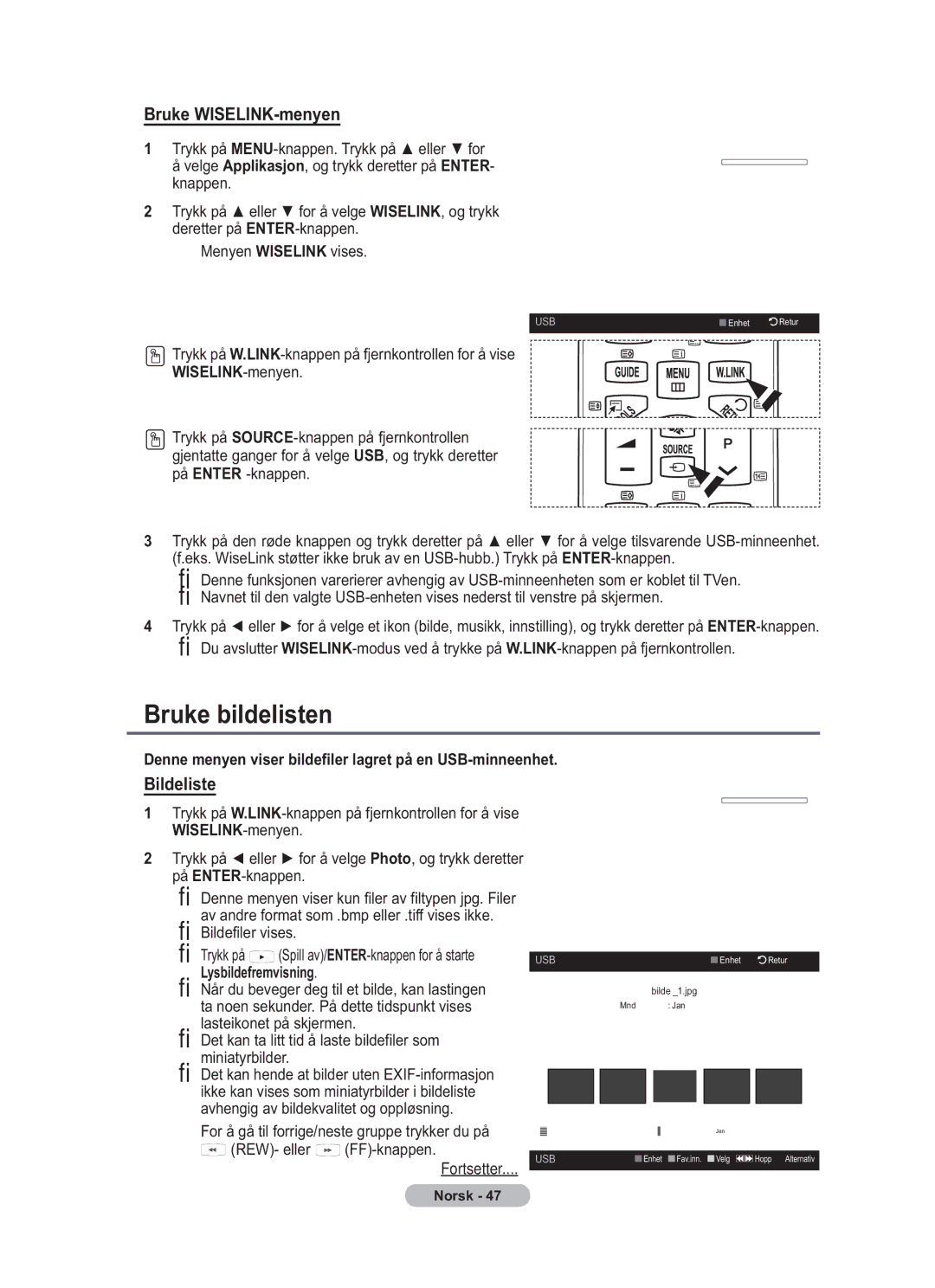 Samsung BN68-01783B-00 user manual Bruke bildelisten, Trykk på MENU-knappen. Trykk på eller for 