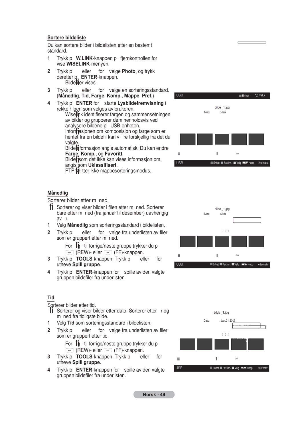 Samsung BN68-01783B-00 user manual Sortere bildeliste, Velg Månedlig som sorteringsstandard i bildelisten 