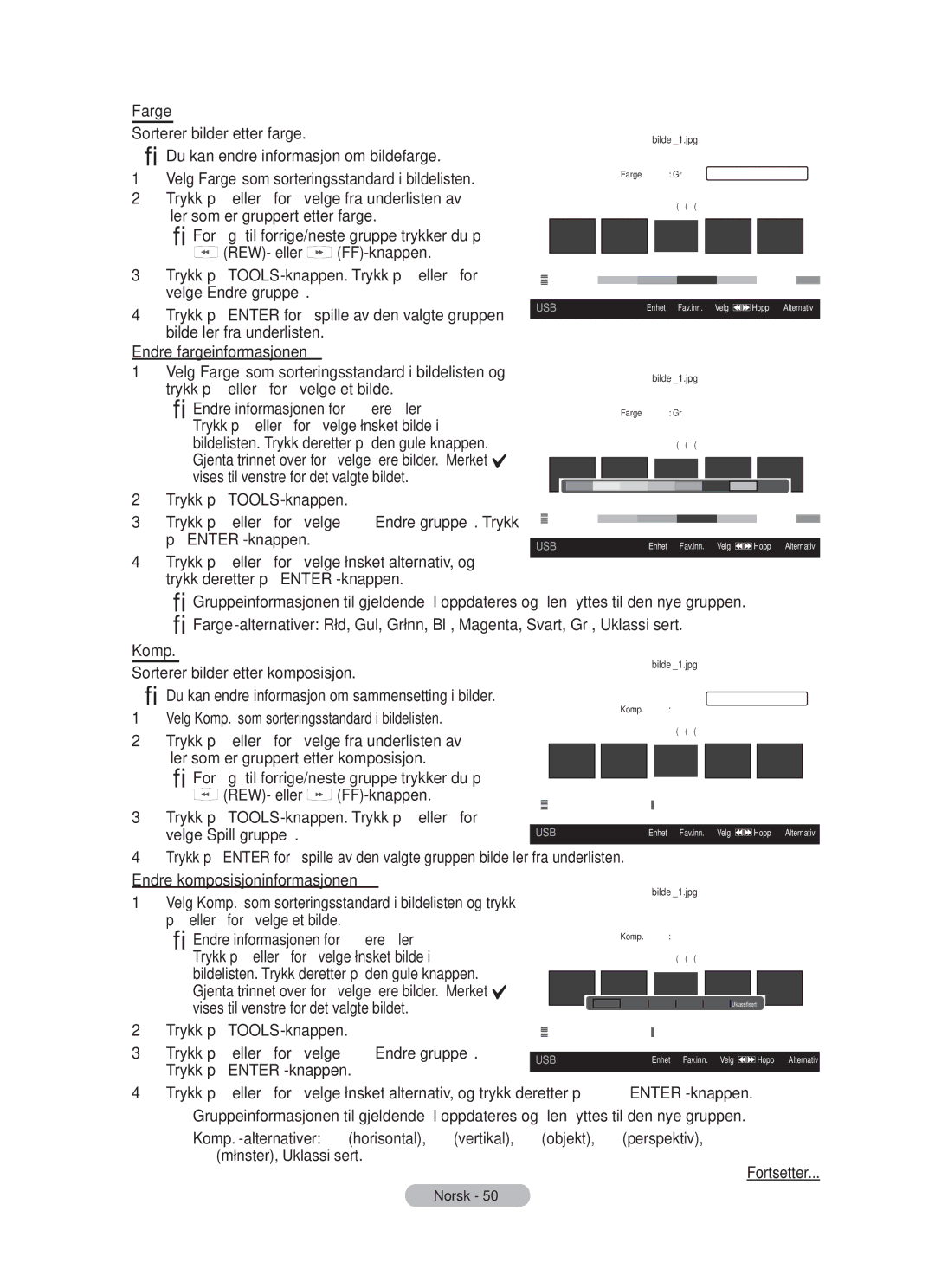 Samsung BN68-01783B-00 user manual Farge, Endre fargeinformasjonen, Endre informasjonen for ﬂere ﬁler, Komp 