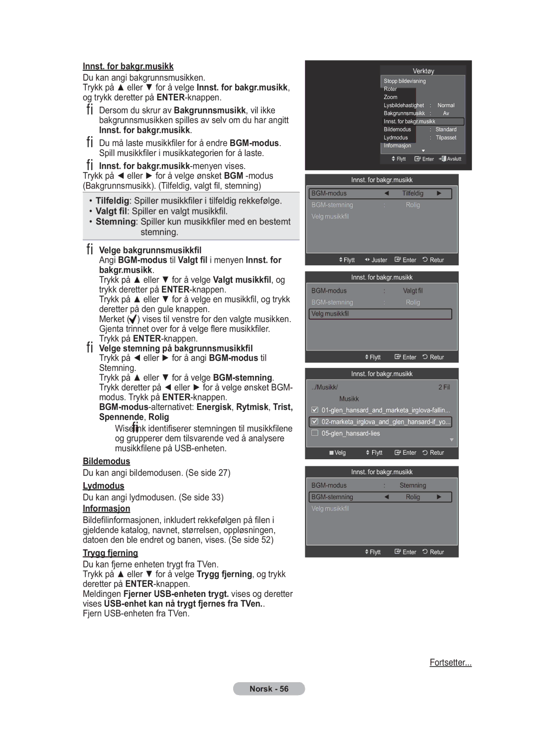 Samsung BN68-01783B-00 Innst. for bakgr.musikk-menyen vises, Bildemodus, Lydmodus, Informasjon, Trygg fjerning 
