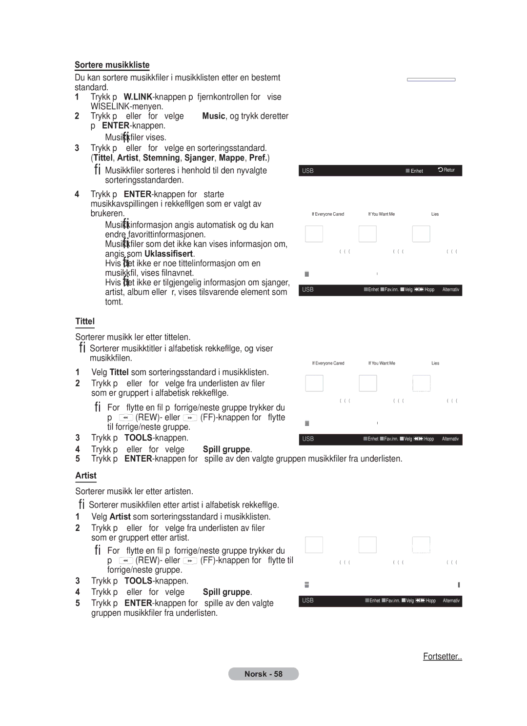 Samsung BN68-01783B-00 Sortere musikkliste, Tittel, Sorterer musikkﬁ ler etter artisten, FF-knappen for å flytte til Trist 