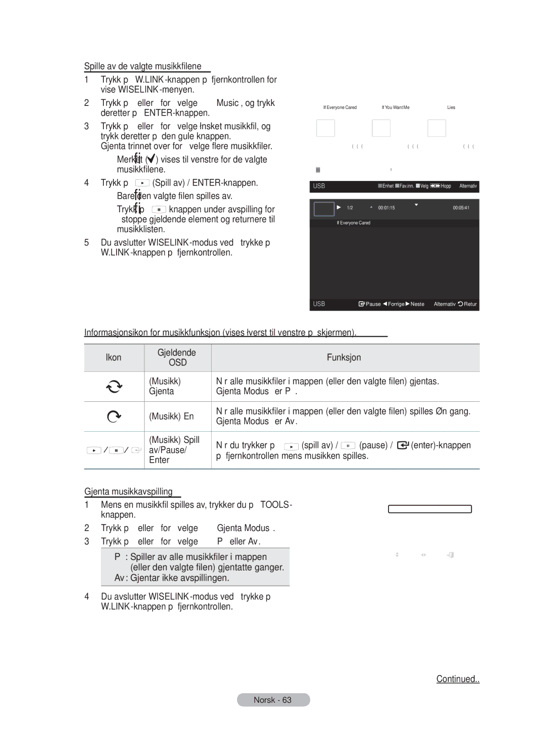 Samsung BN68-01783B-00 user manual Spille av de valgte musikkfilene, Gjenta musikkavspilling 