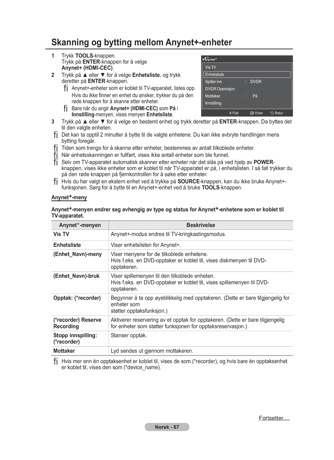 Samsung BN68-01783B-00 user manual Skanning og bytting mellom Anynet+-enheter 