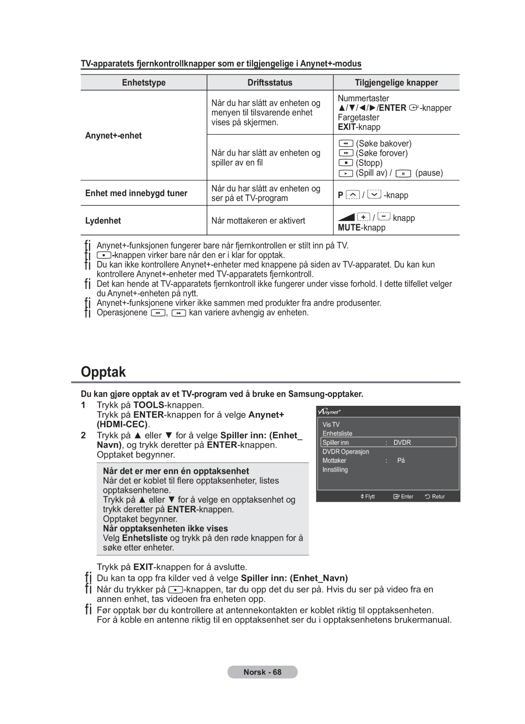 Samsung BN68-01783B-00 user manual Opptak 