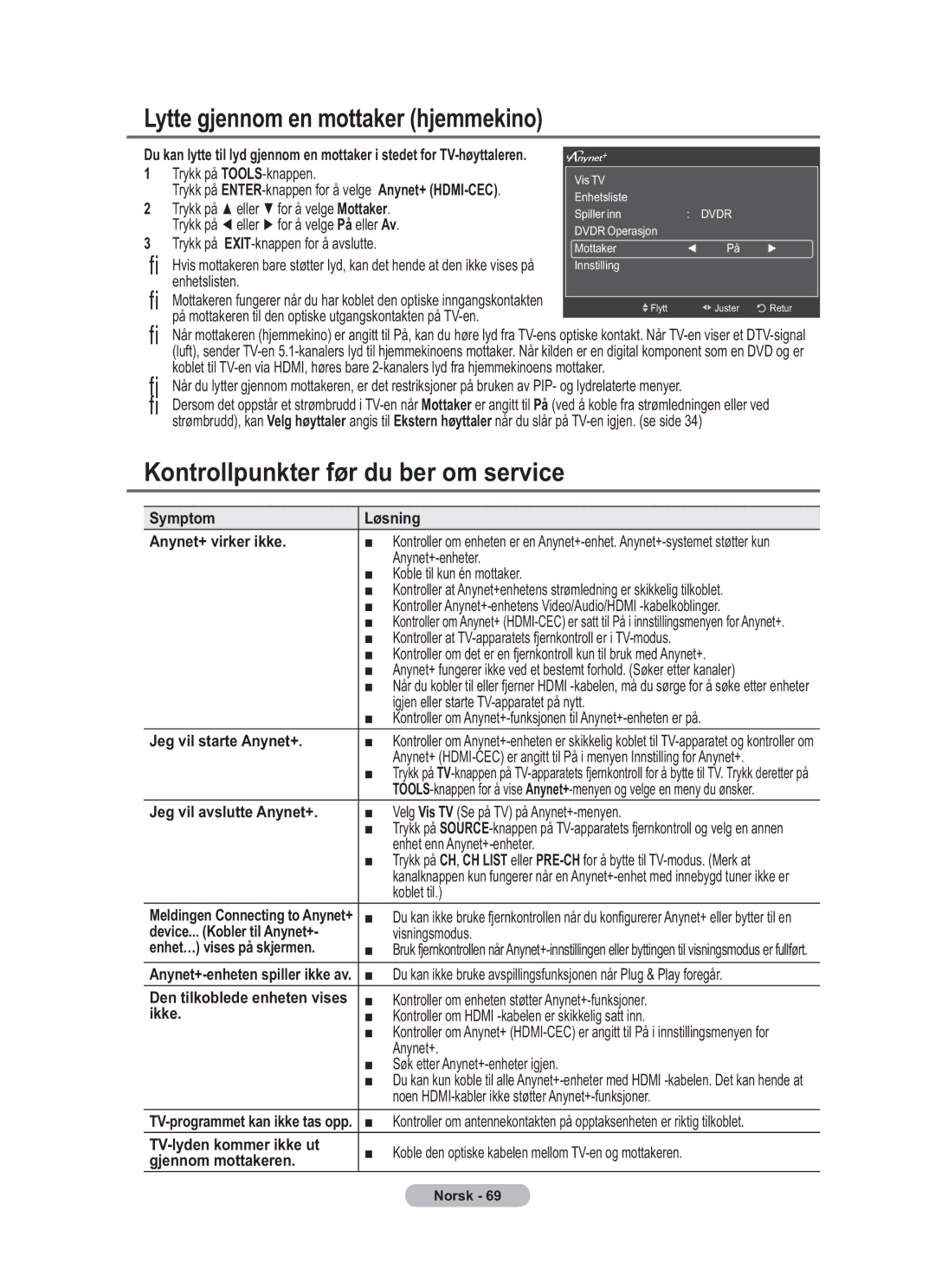 Samsung BN68-01783B-00 user manual Lytte gjennom en mottaker hjemmekino, Kontrollpunkter før du ber om service 