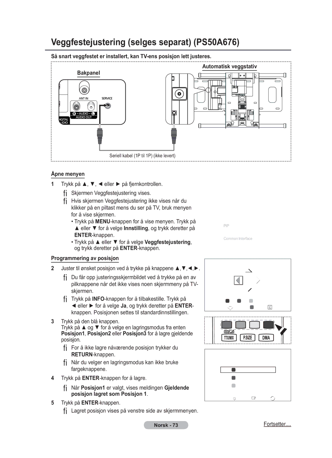 Samsung BN68-01783B-00 user manual Veggfestejustering selges separat PS50A676, Åpne menyen, For å vise skjermen 