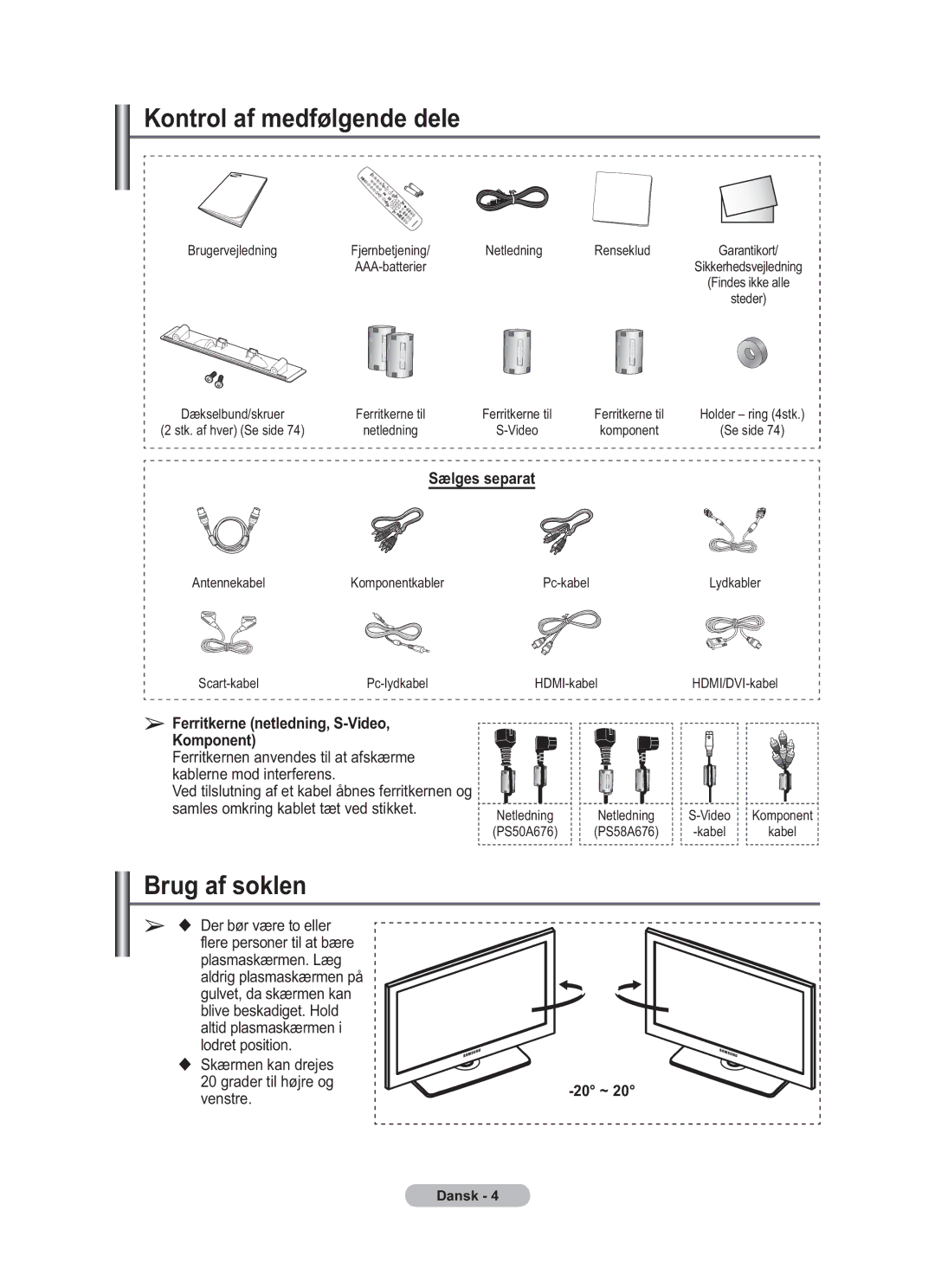 Samsung BN68-01783B-00 user manual Kontrol af medfølgende dele, Brug af soklen, Sælges separat 