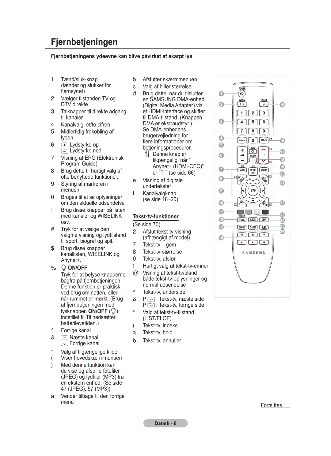 Samsung BN68-01783B-00 user manual Fjernbetjeningens ydeevne kan blive påvirket af skarpt lys, Tekst-tv-funktioner 