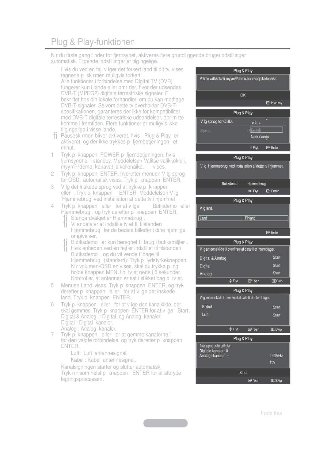 Samsung BN68-01783B-00 user manual Plug & Play-funktionen, Fortsættes… 