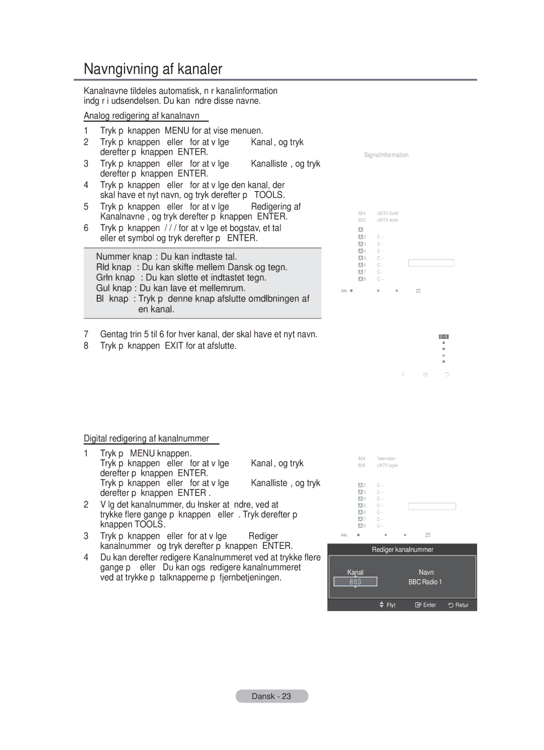 Samsung BN68-01783B-00 Navngivning af kanaler, Analog redigering af kanalnavn, Digital redigering af kanalnummer 